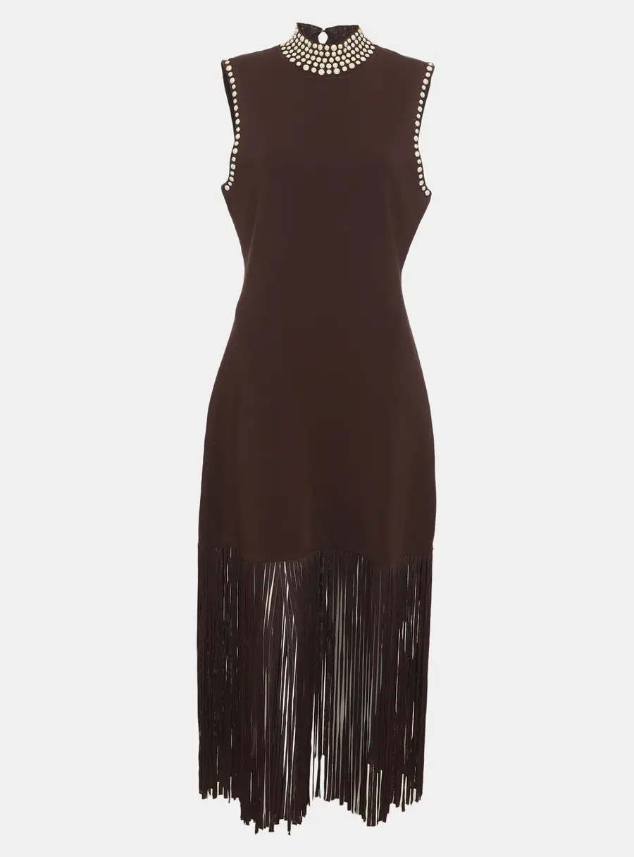 Sandro Dark Brown Jersey Cleopatre Fringed Faux Pearl Embellished Midi Dress L