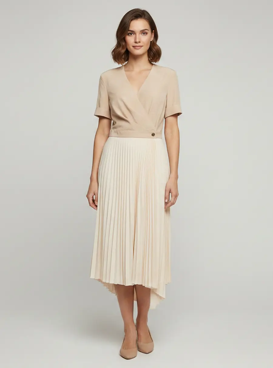Sandro Beige Plisse Short Sleeve Midi Dress L