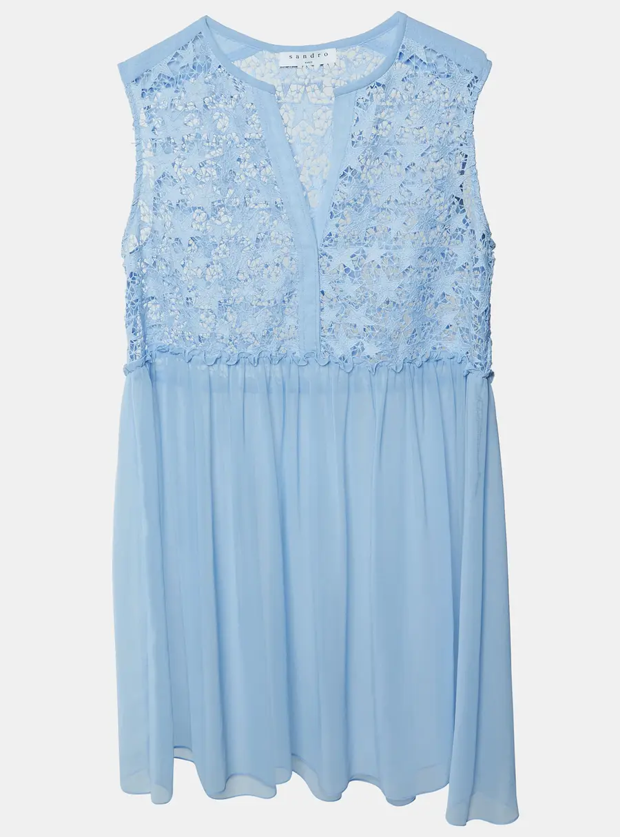 Sandro Light Blue Star Lace and Chiffon Sheer Sleeveless Mini Dress L