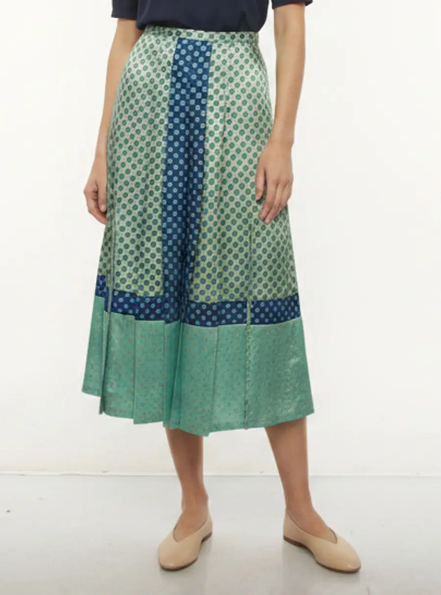 Sandro Green Printed Satin Pleated Midi Skirt XS