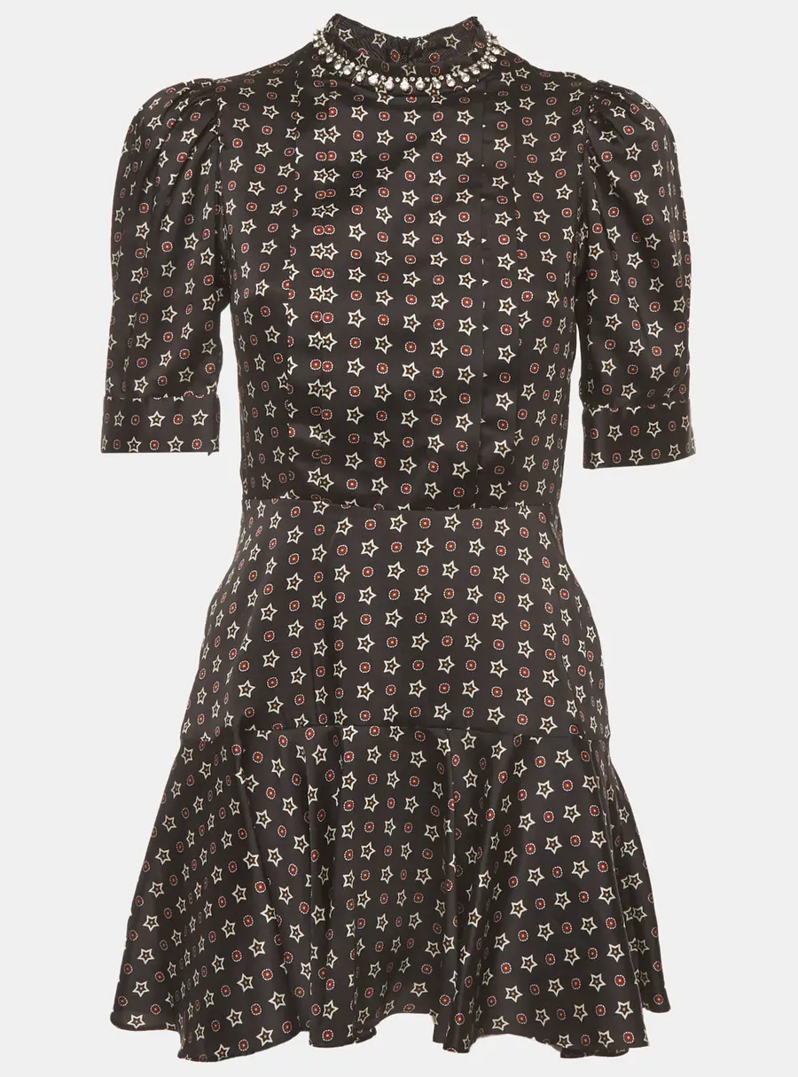 Sandro Black Crystal Embellished Star Print Satin Mini Dress S