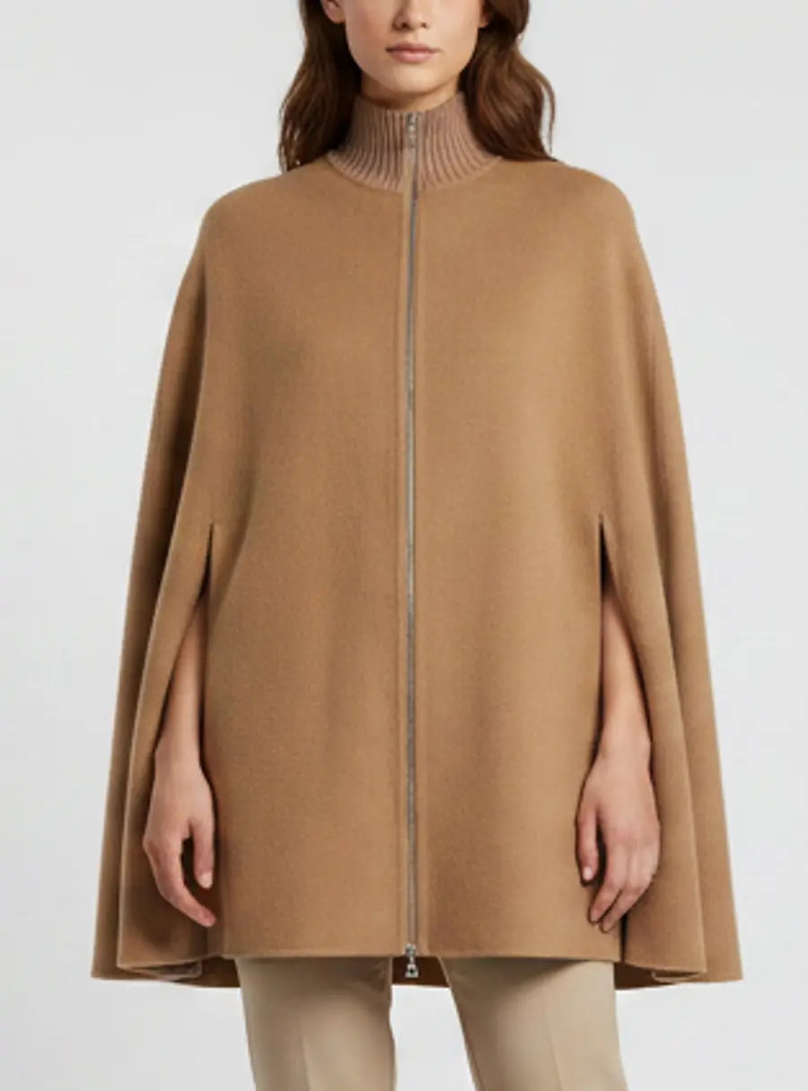 Sandro Beige Felt and Rib Knit Zip-Up Cape Coat S
