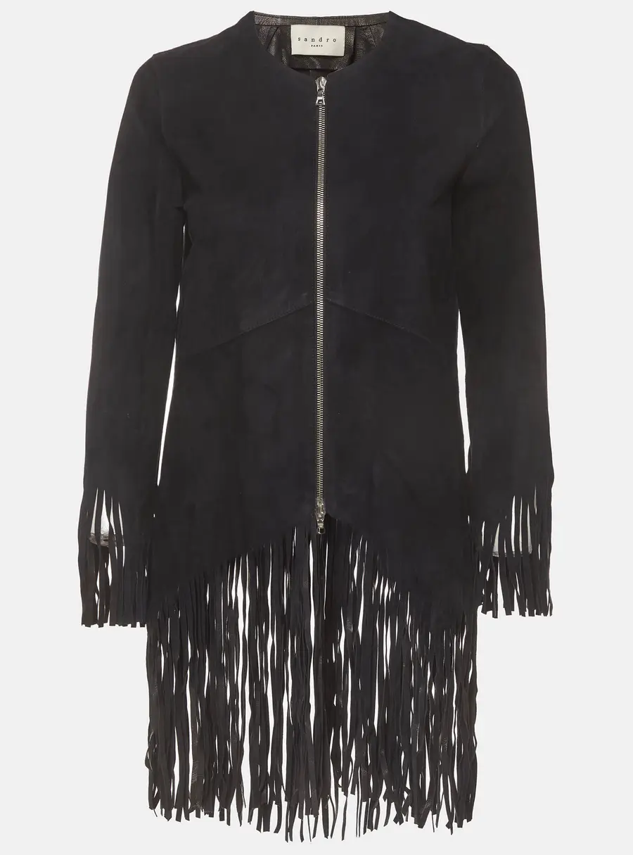 Sandro Navy Blue Suede Zip-Up Fringed Jacket S