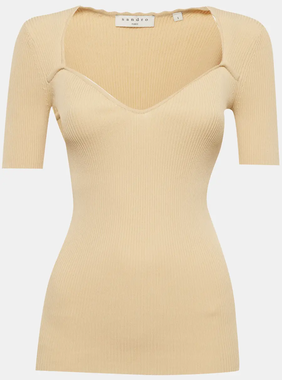 Sandro Beige Rib Knit Sweetheart Top S