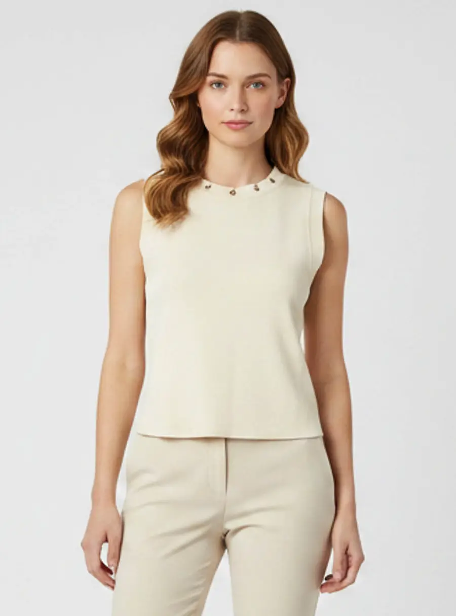 Sandro Cream Grommet Embellished Rib Knit Cropped Top L