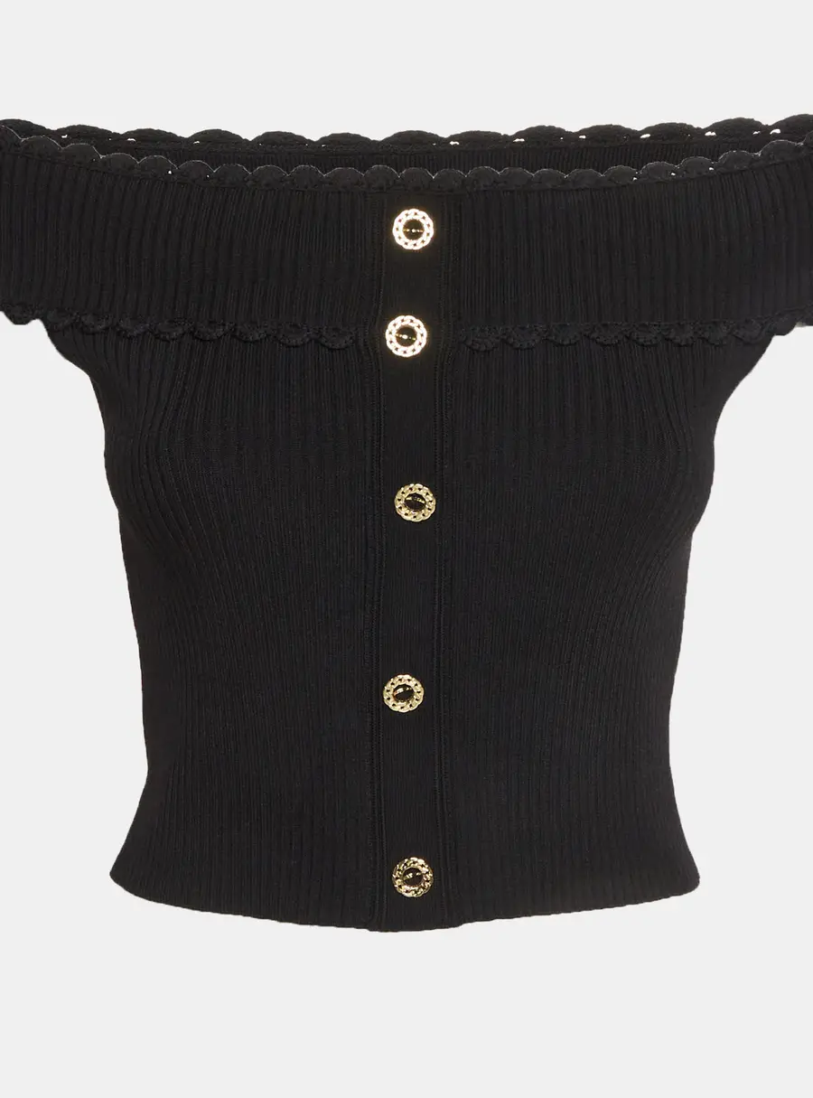 Sandro Black Rib Knit Off-Shoulder Crop Top M