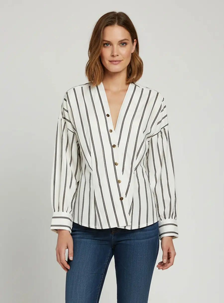 Sandro White Stripped Cotton V-Neck Naelle Top S