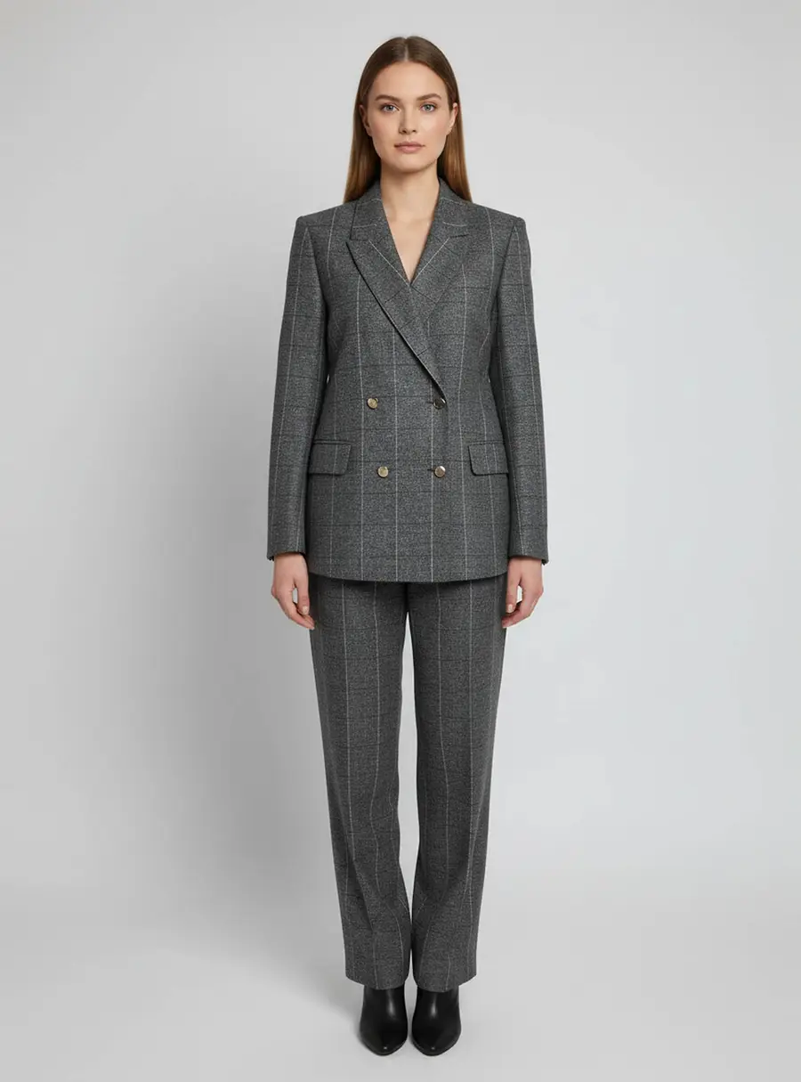 Sandro Grey Check Wool Blazer and Wide Leg Trousers Suit S/M