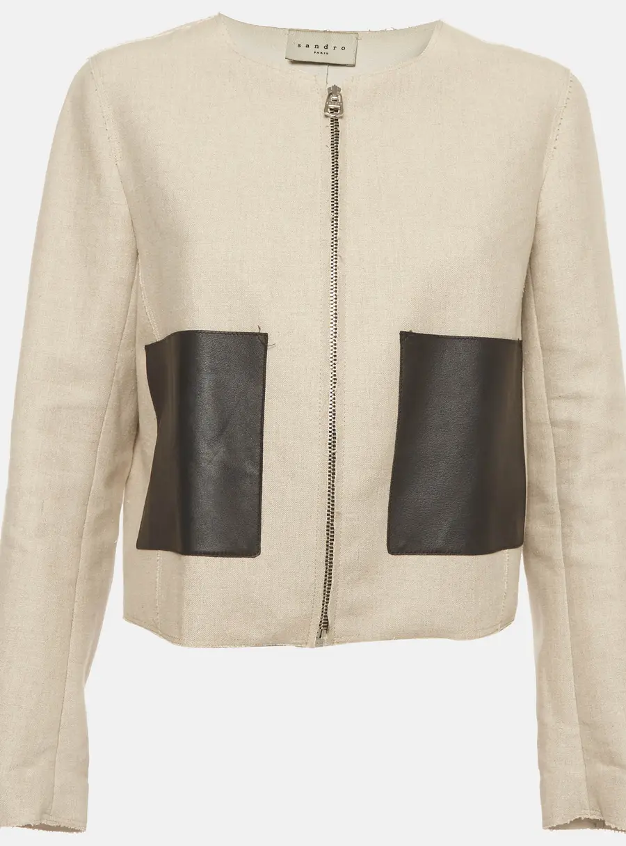 Sandro Beige Linen Blend Leather Trim Zip-Up Jacket L