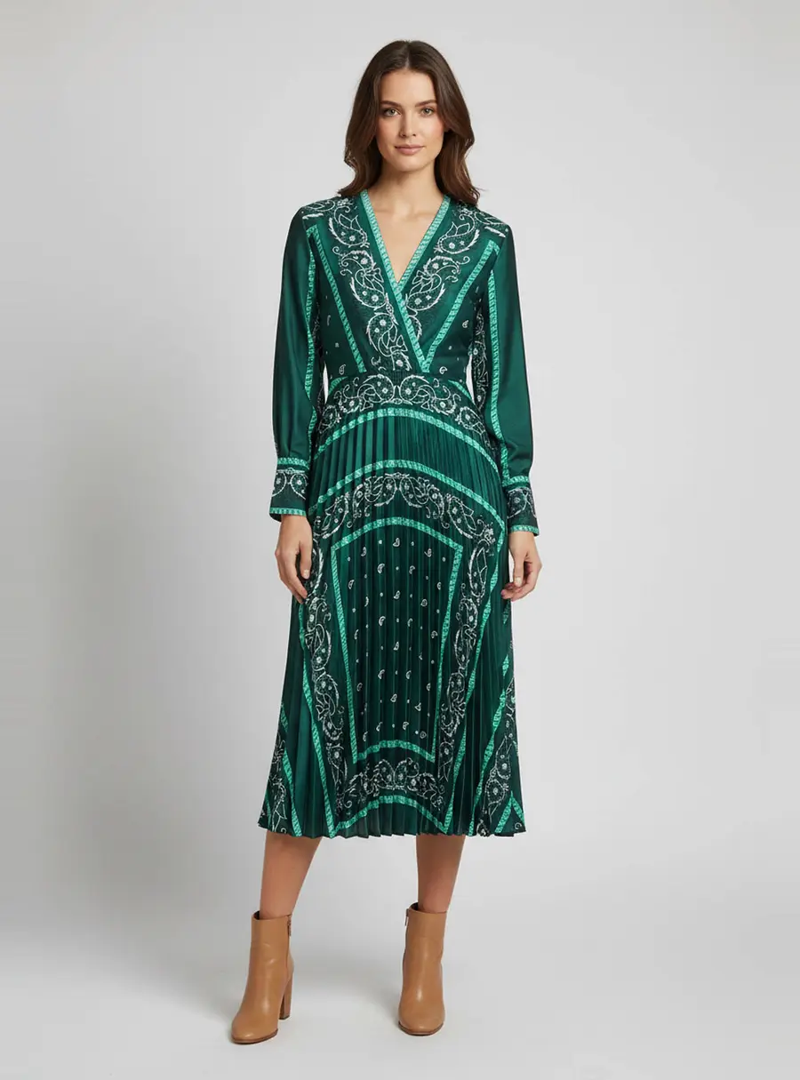 Sandro Green Paisley Print Satin Pliss&eacute; Midi Dress M