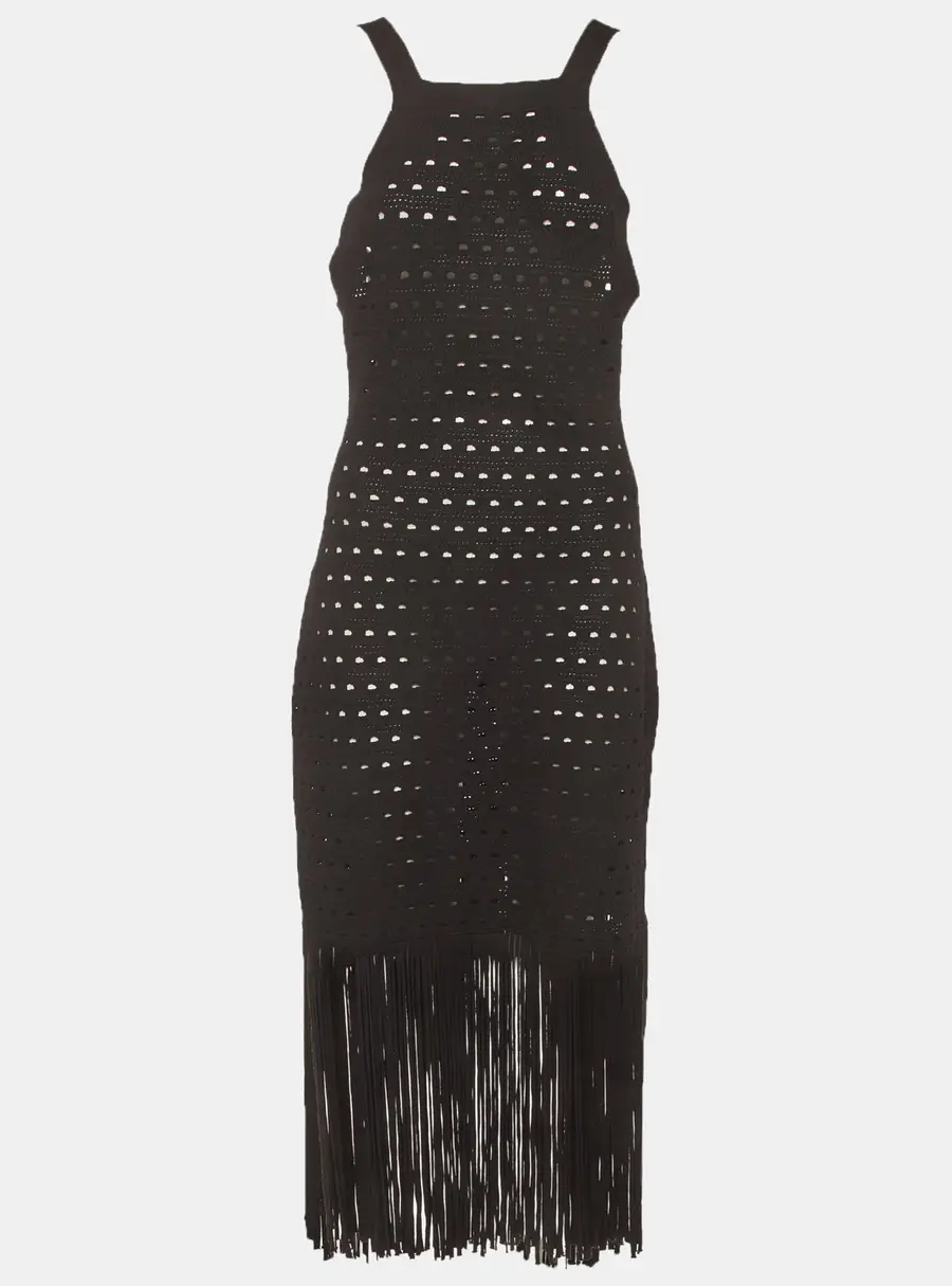 Sandro Black Pointelle Knit Fringed Susanne Midi Dress XL