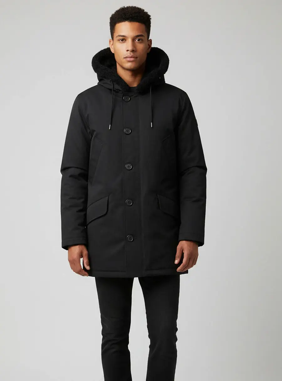 Sandro Black Gabardine Zip Up Shearling Hoodie XL