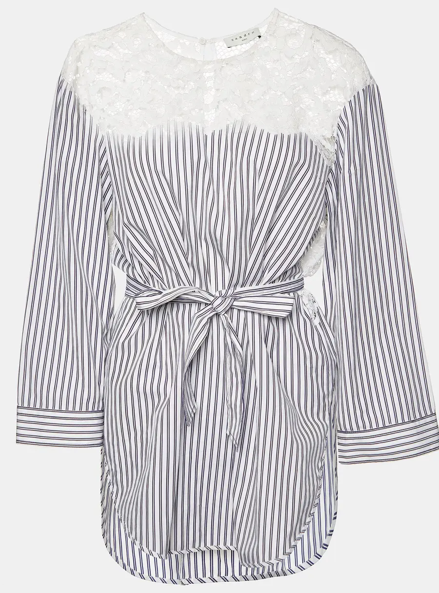 Sandro White/Blue Striped Cotton Lace Trim Dorothee Top L