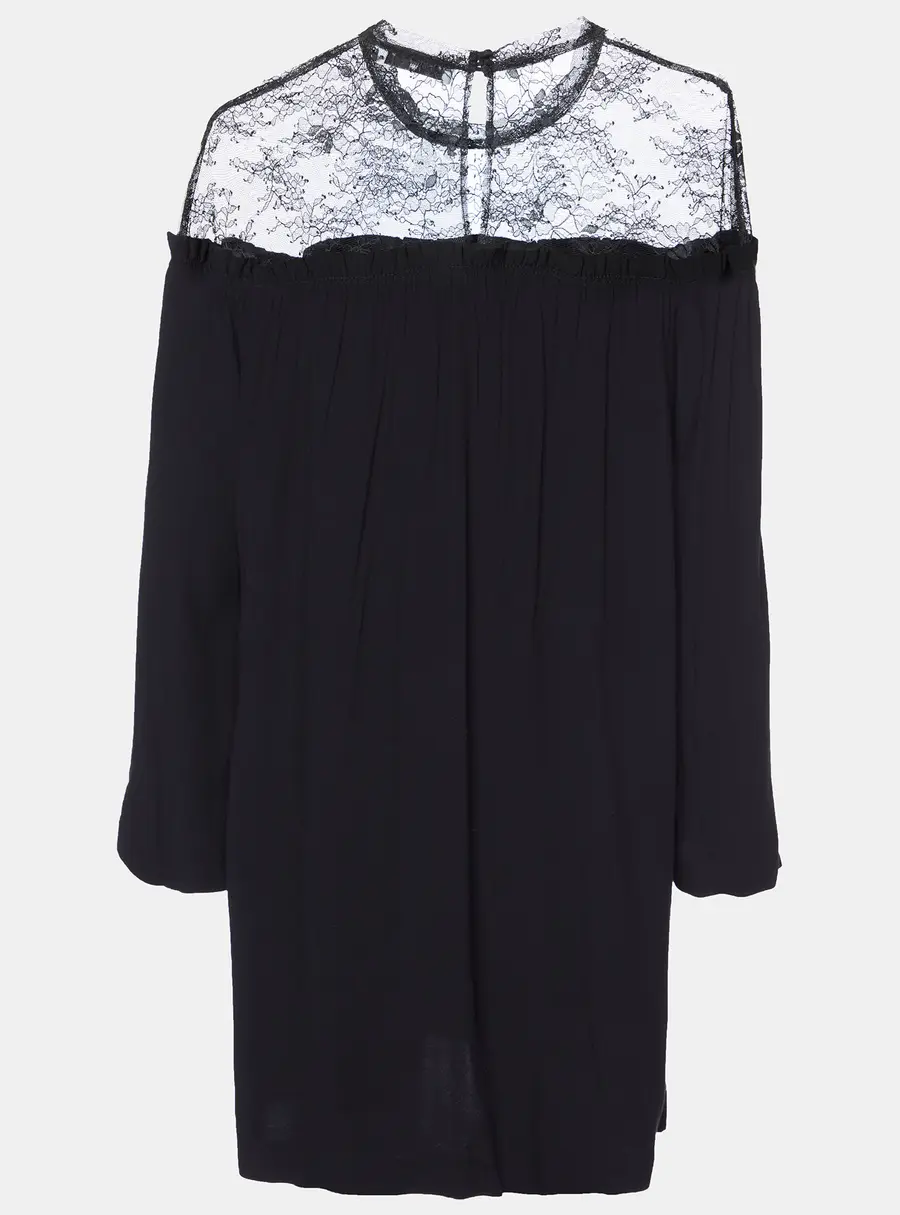 Sandro Black Crepe Lace Trim Shift Dress L
