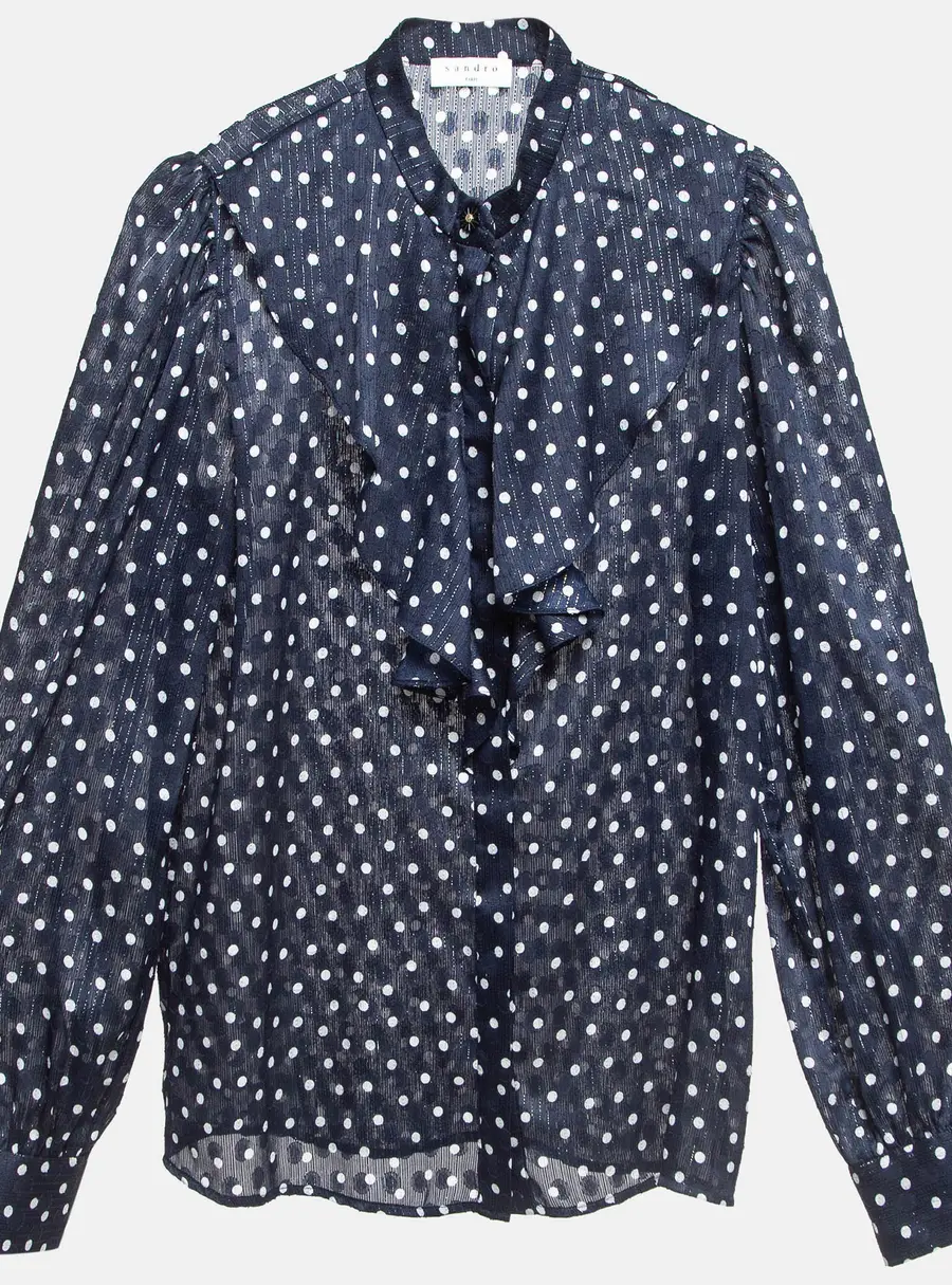Sandro Navy Blue Metallic Thread Polka Dot Chiffon Shirt XS