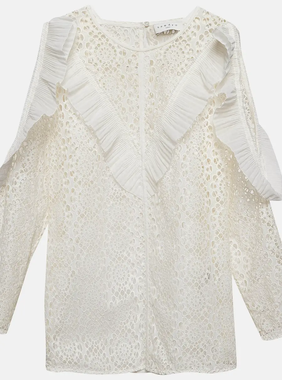 Sandro Off-White Lace Full Sleeve Ruffled Top M