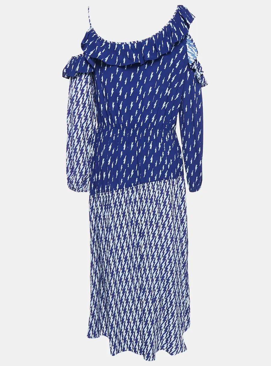 Sandro Blue Lighting Print Crepe Ruffled Cold Shoulder Midi Dress L