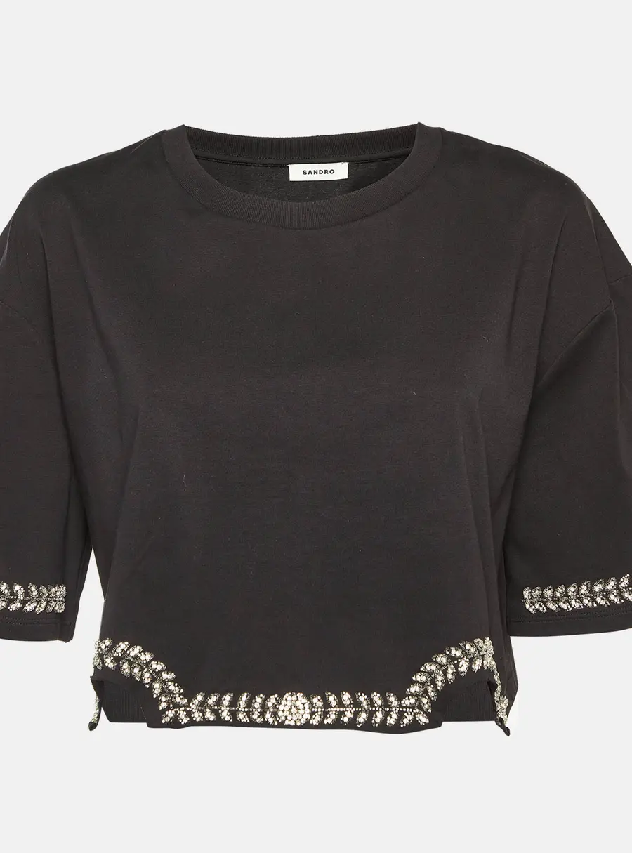 Sandro Black Cotton Rhinestone Embellished Larry Crop Top M