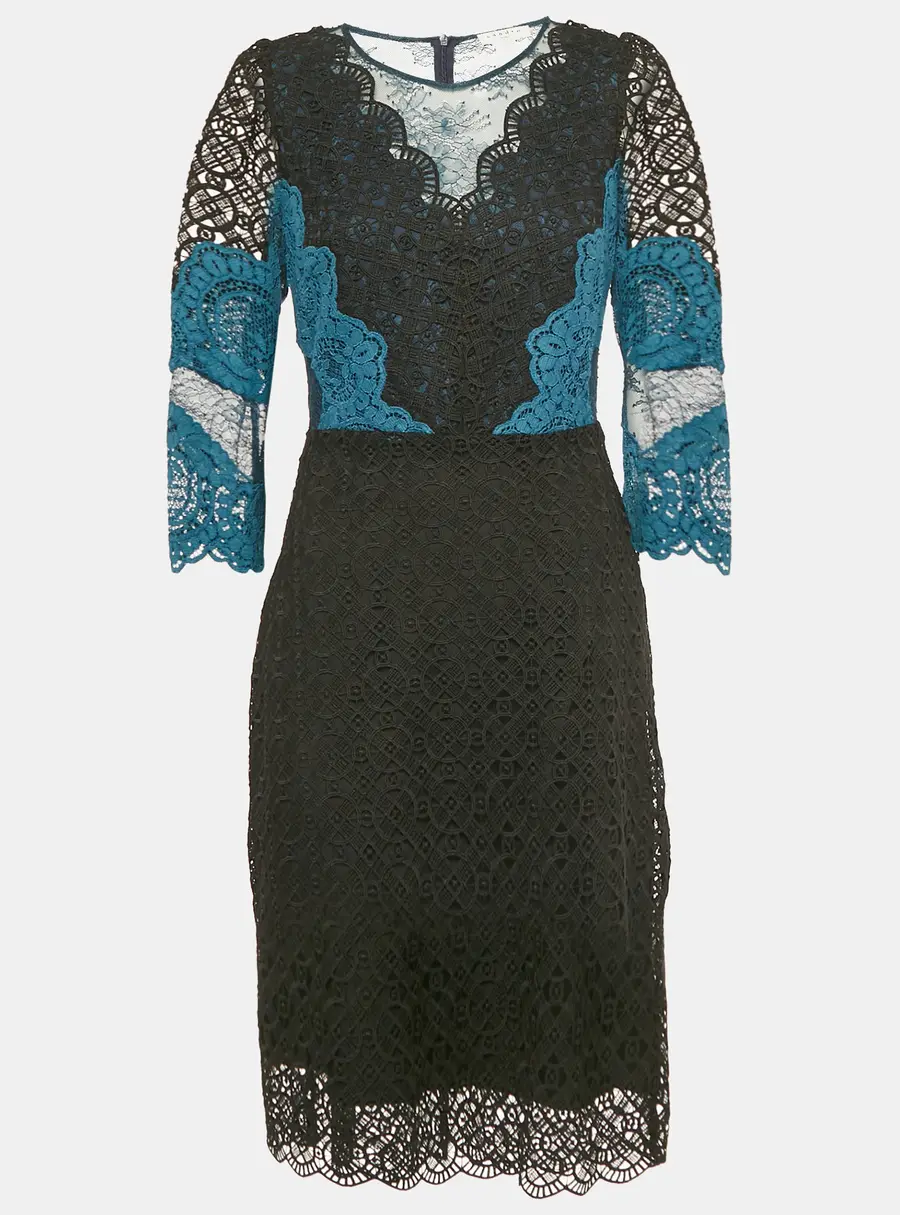 Sandro Teal/Black Lace Midi Dress L