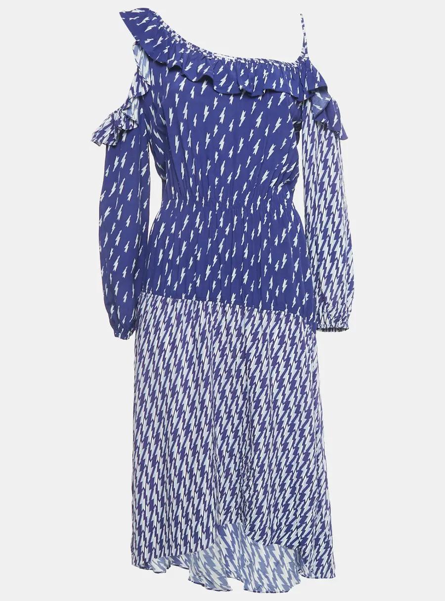 Sandro Blue Lightning Bolt Print Crepe Cold Shoulder Midi Dress S