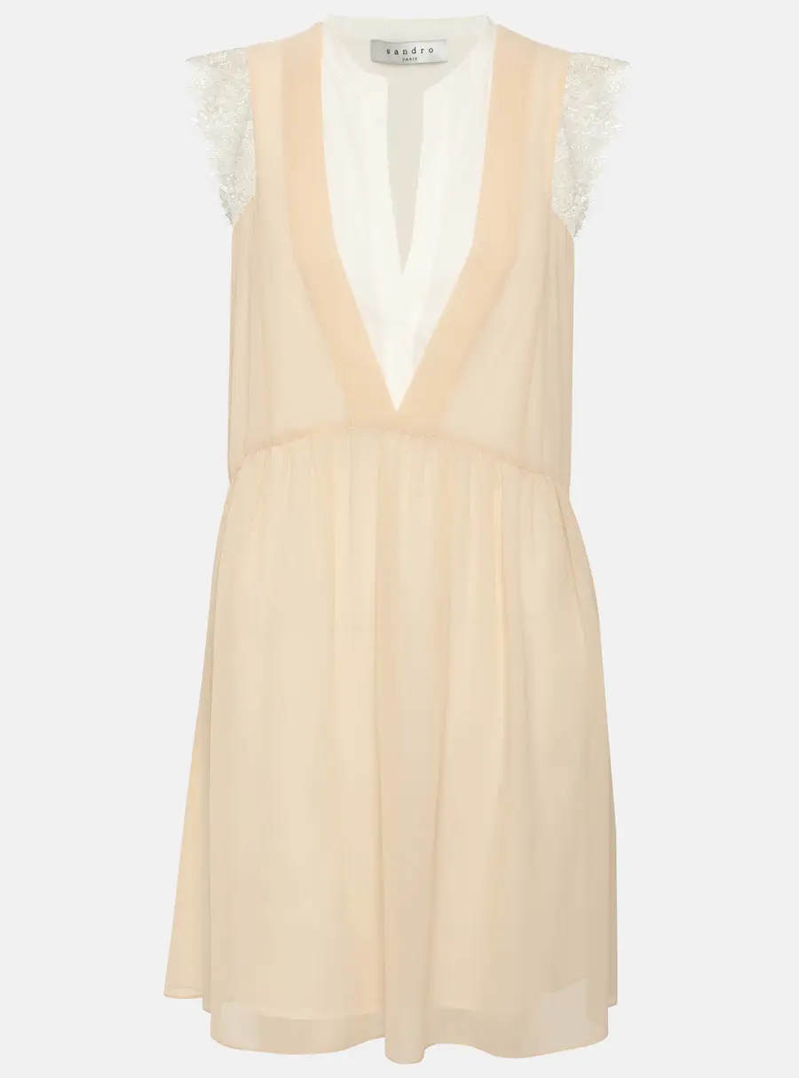 Sandro Beige/White Crepe and Lace Mini Dress L