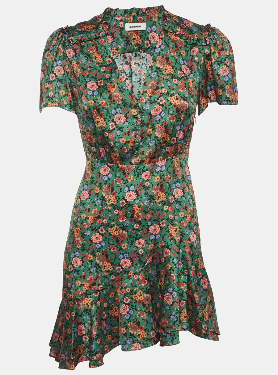 Sandro Green Floral Print Sateen Ruffle Marta Mini Dress S