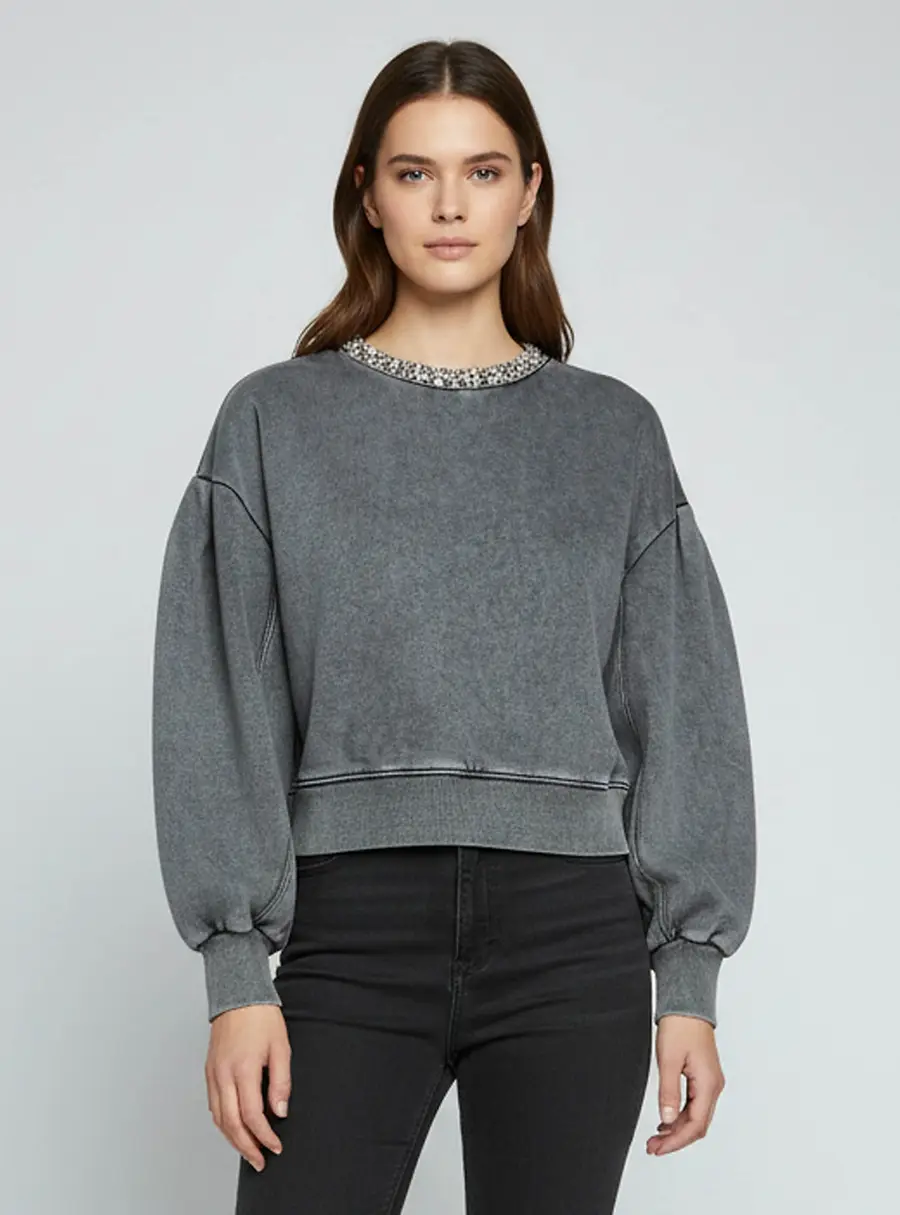 Sandro Grey Rhinestone Embellished Neck Cotton Cropped Geode Sweatshirt XS