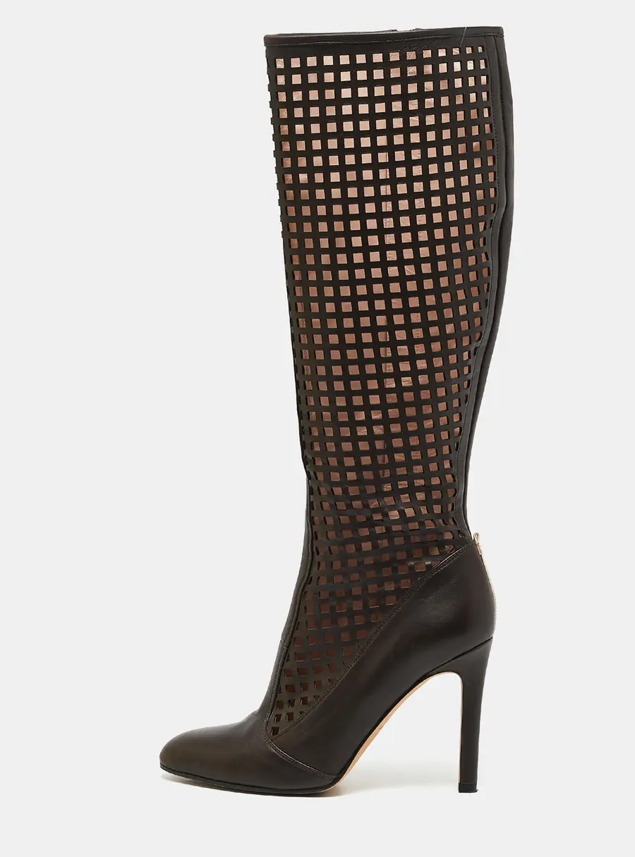SJP Sarah Jessica Parker Brown Cutout Leather Knee Length Boots Size 37