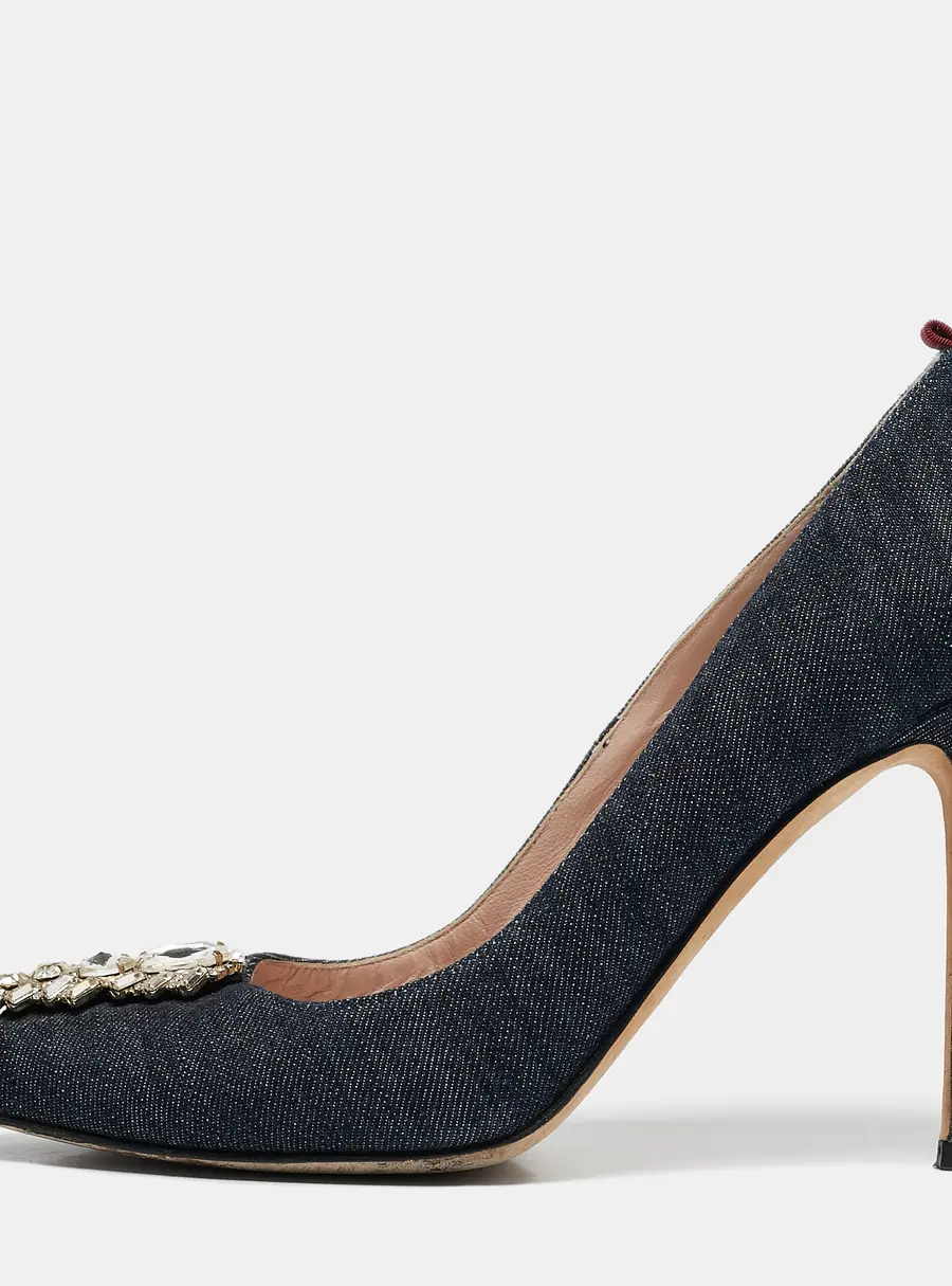 SJP Sarah Jessica Parker Navy Blue Denim Crystal Embellished Pointed Toe Pumps Size 37