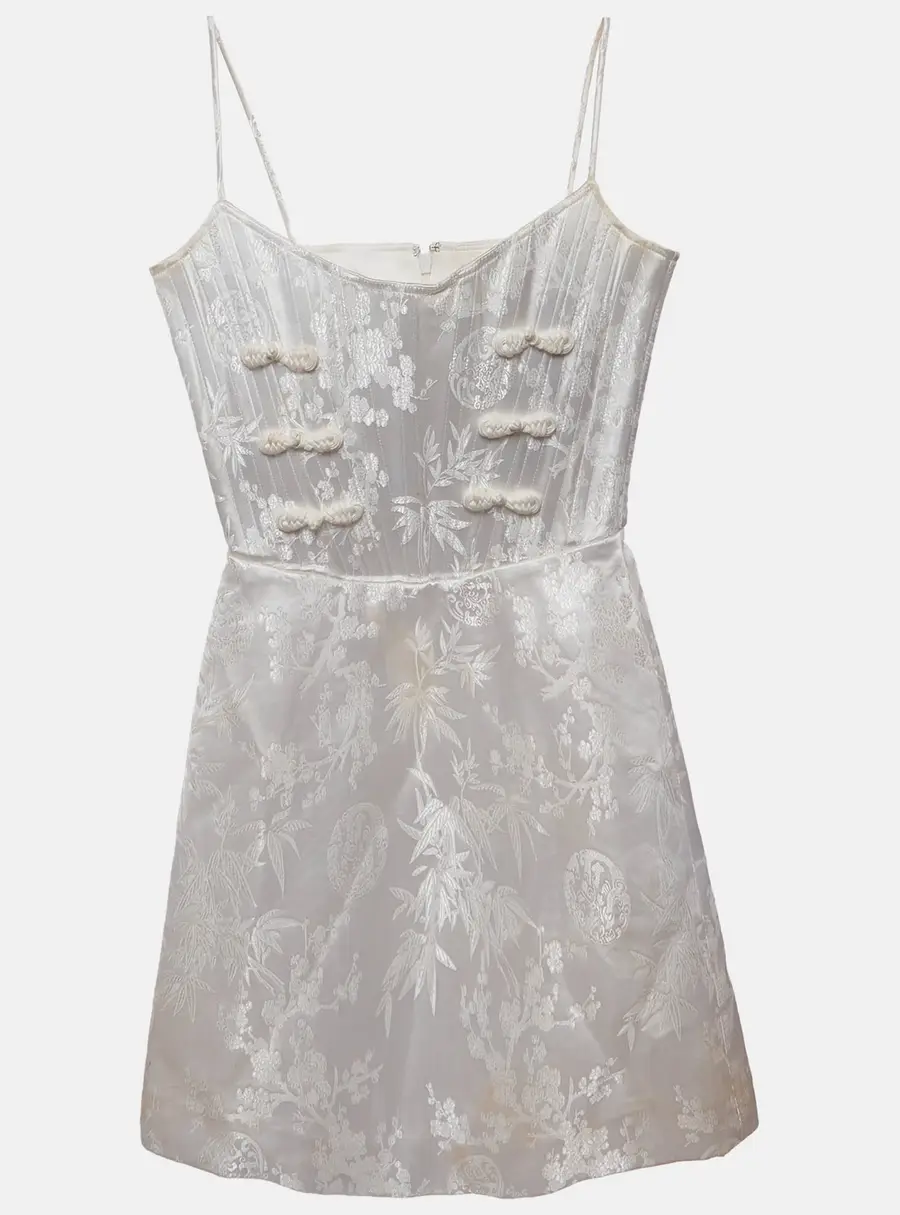SaU Lee White Silk Jacquard Joey Mini Dress XS