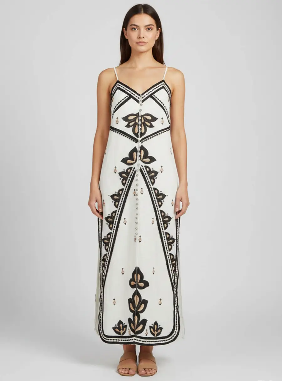 Scarlett Poppies White Embroidered Linen Blend Slit Midi Dress S