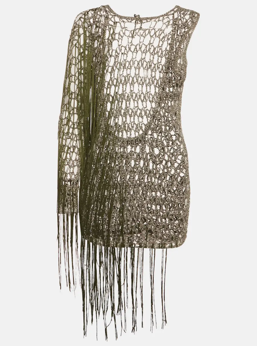 Sādh Green Crochet Fringed Sheer Asymmetric Sleeve Top M