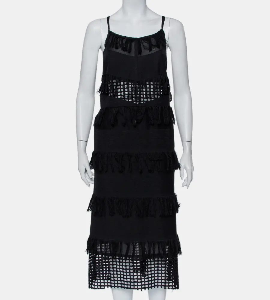 Sea Black Cotton Cutwork Paneled Fringed Midi Dress M