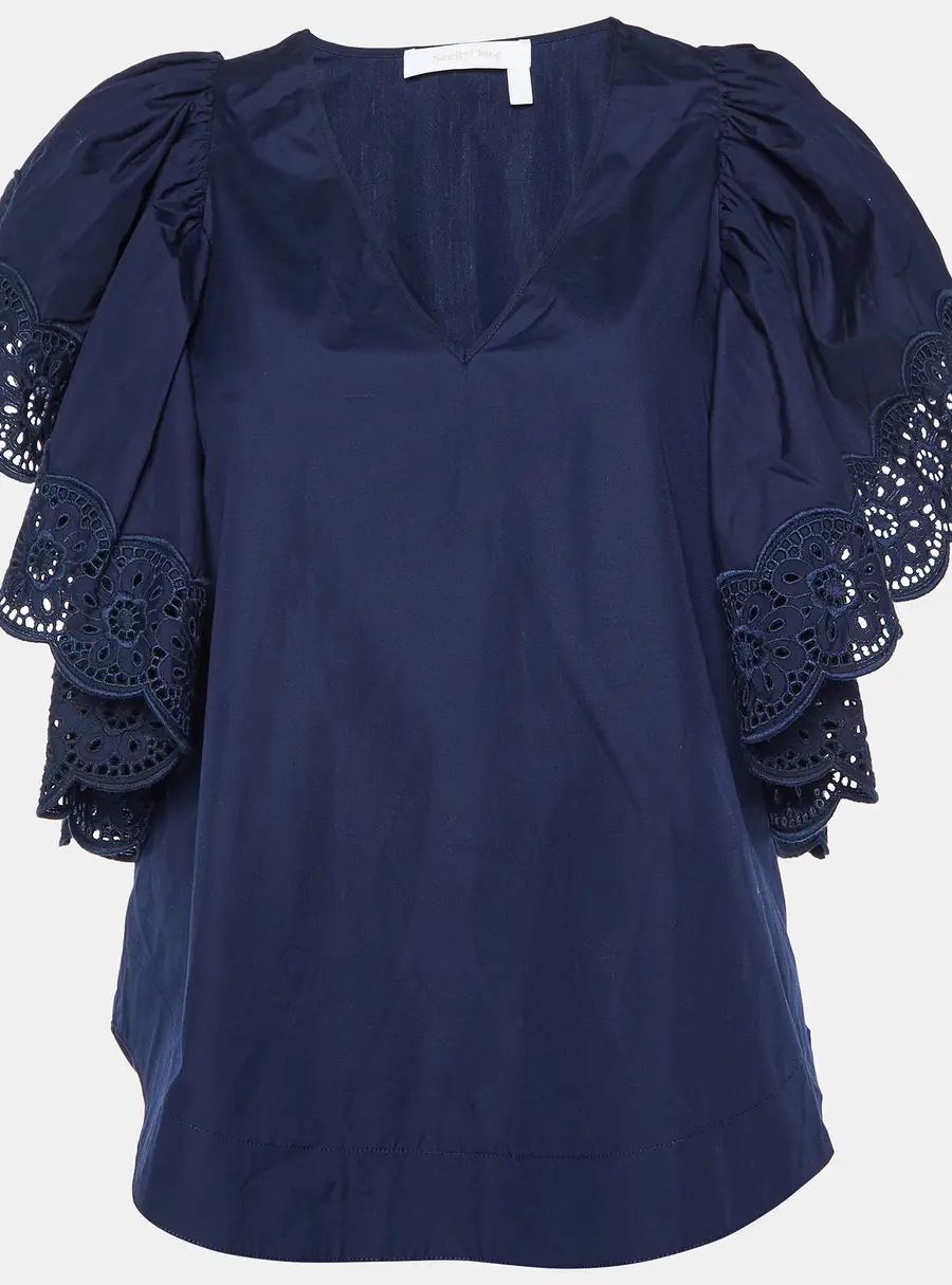 See by Chloe Blue Cotton Lace Trim Flared Sleeves Top S