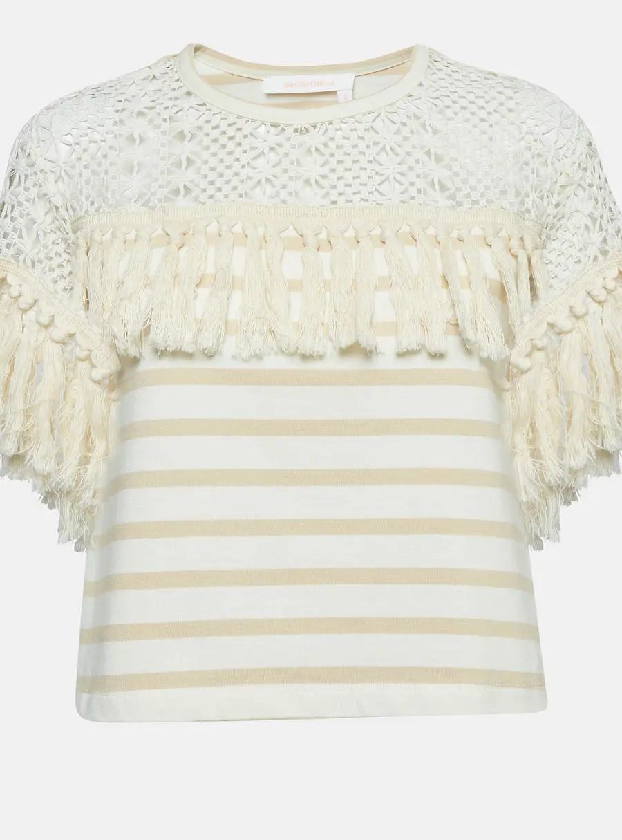 See by Chloe Beige Crochet Trim Stripe Cotton T-Shirt XS