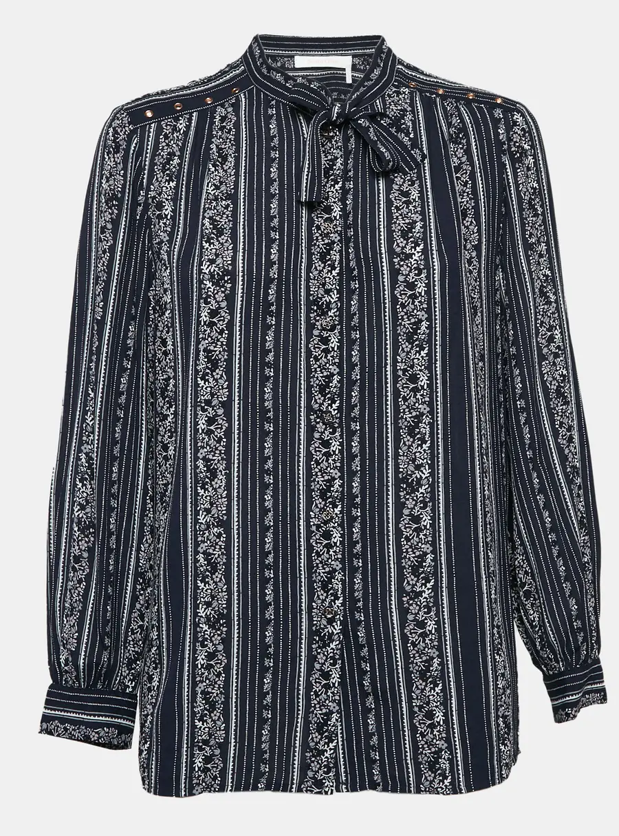 See by Chloe Blue Stripe Floral Print Crepe Button Front Shirt S