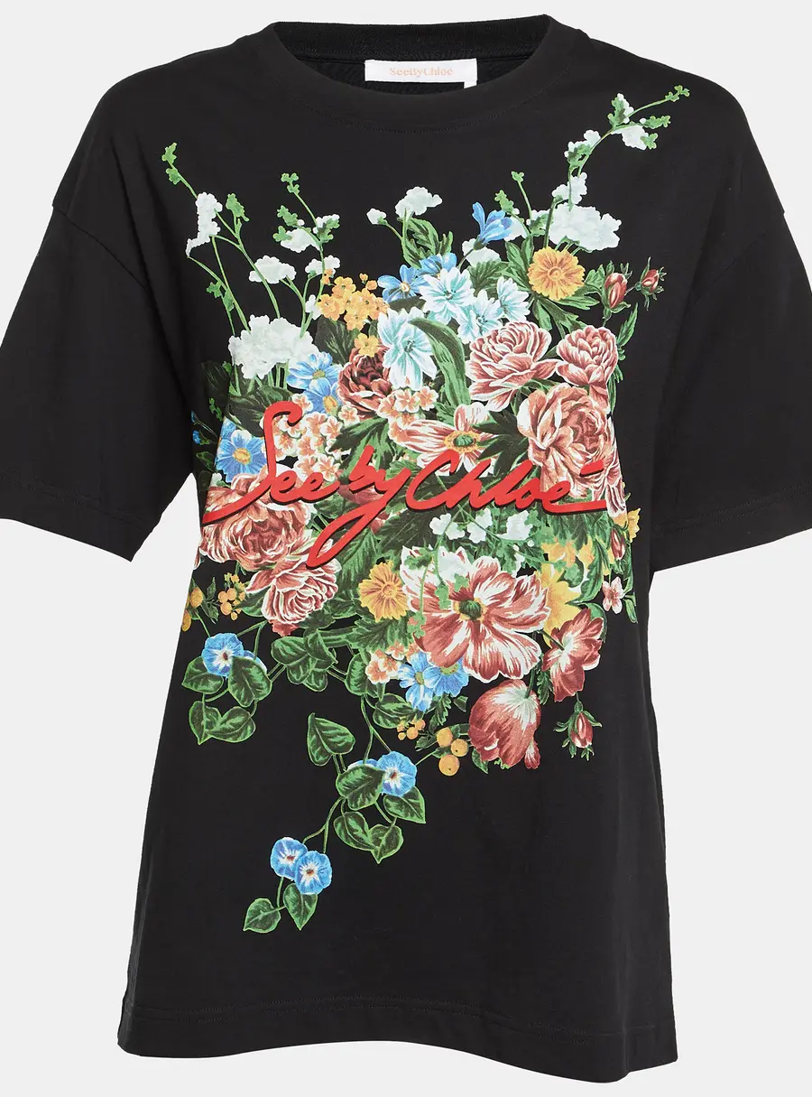 See by Chloe Black Floral Print Cotton Crew Neck T-Shirt S