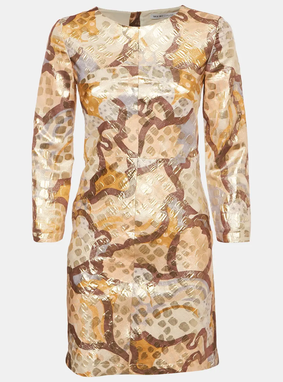 See by Chloe Jacquard Gold Full Sleeve Mini Dress S