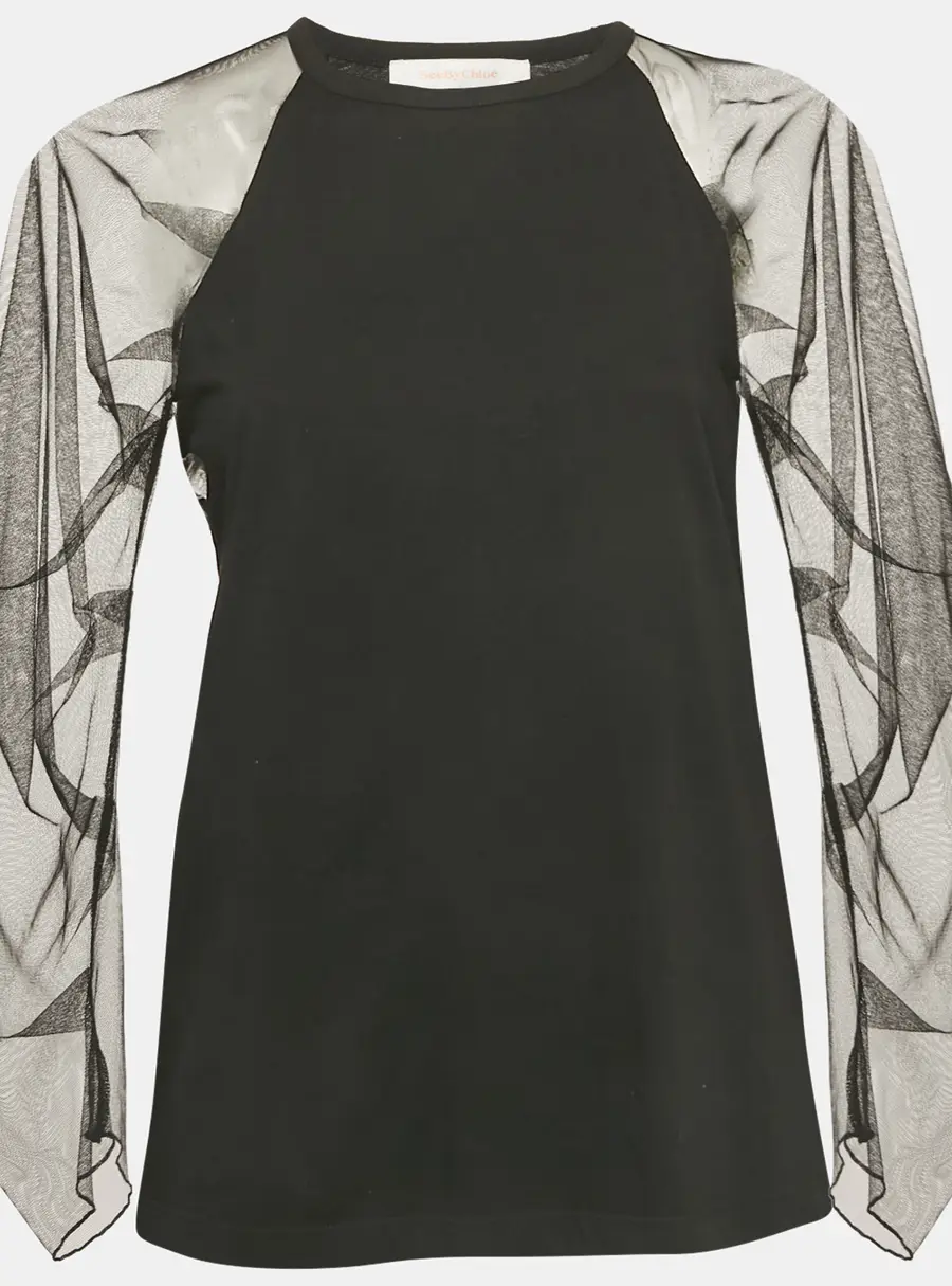 See by Chloe Black Tulle Sleeve Jersey Top M