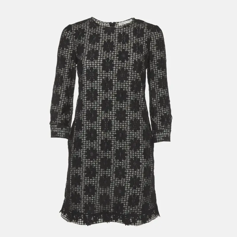 See By Chloe Monochrome Checkered Floral Mesh Overlay Shift Dress S
