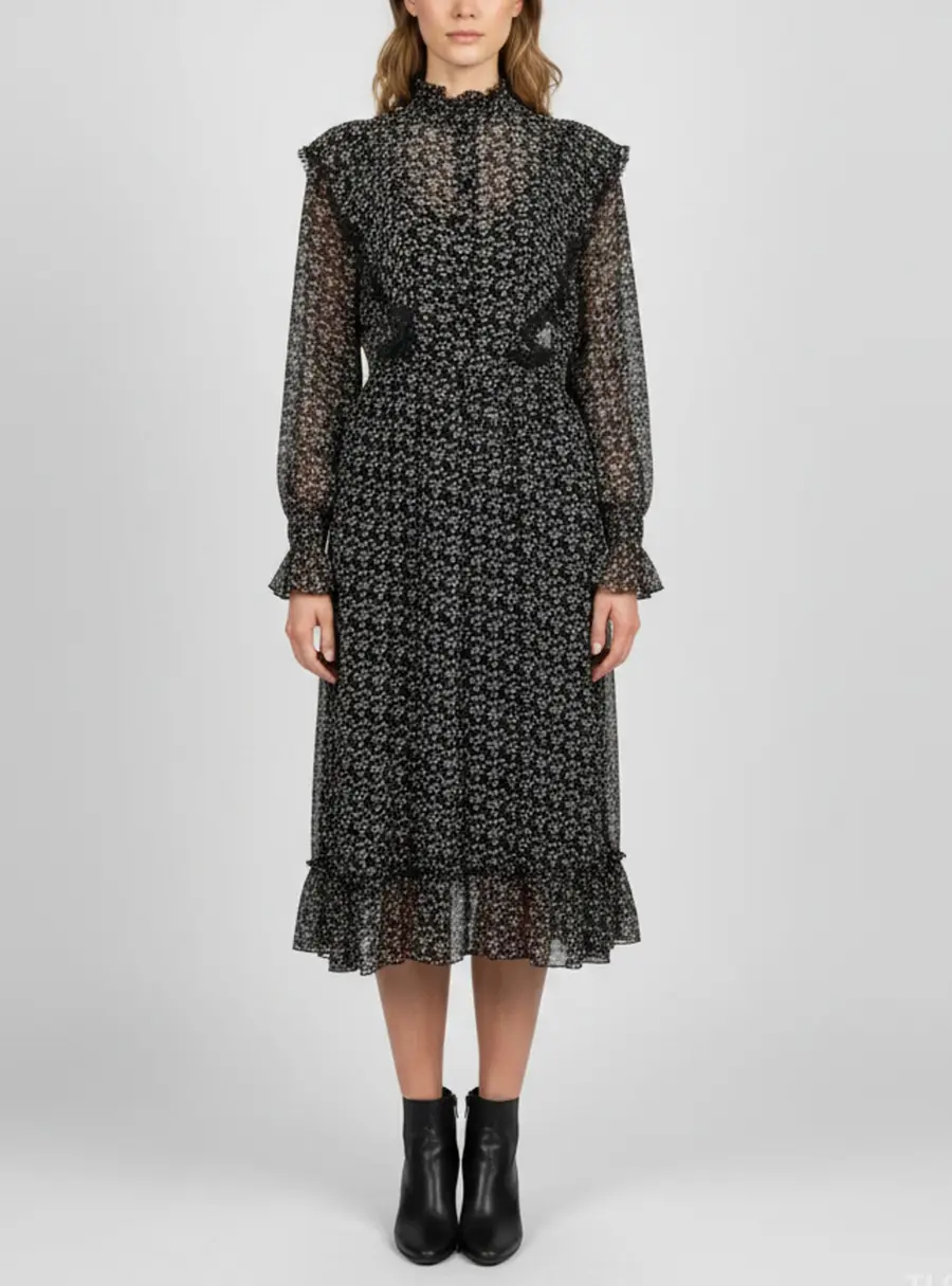 See by Chloe Black Floral Print Crepe Ruffle Midi Dress M