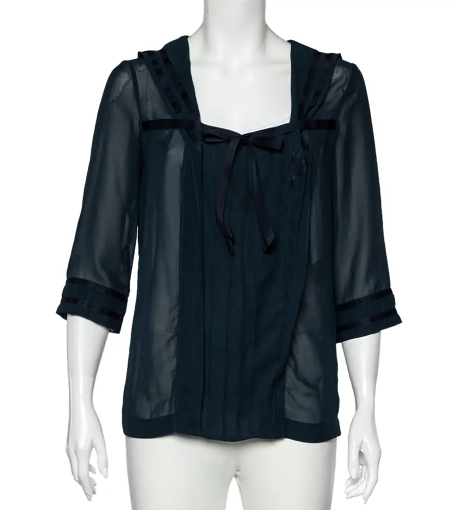 See by Chloe Midnight Blue Crepe Pleated Sailor Collar Blouse XL