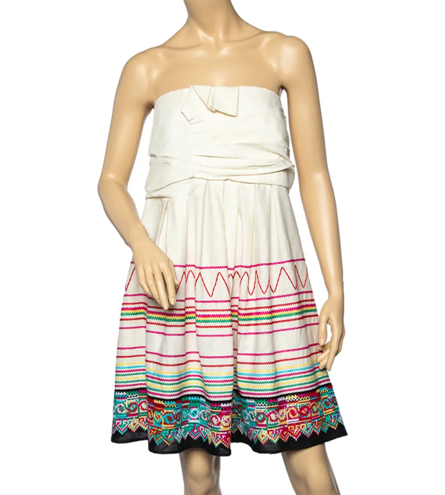 See by Chloe Cream Linen And Cotton Embroidered Draped Mini Dress XL