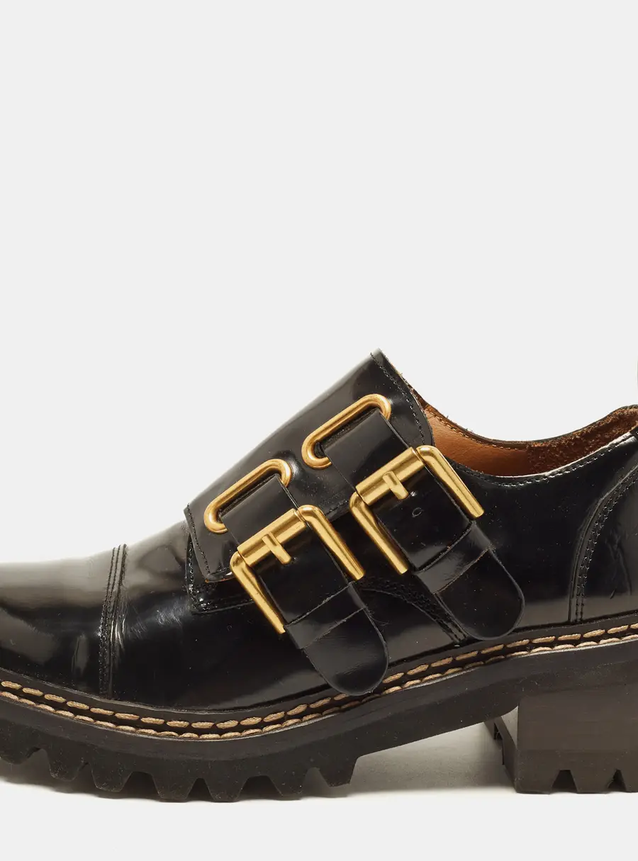 See by Chloe Size 35 Black Leather Double Buckle  Oxfords