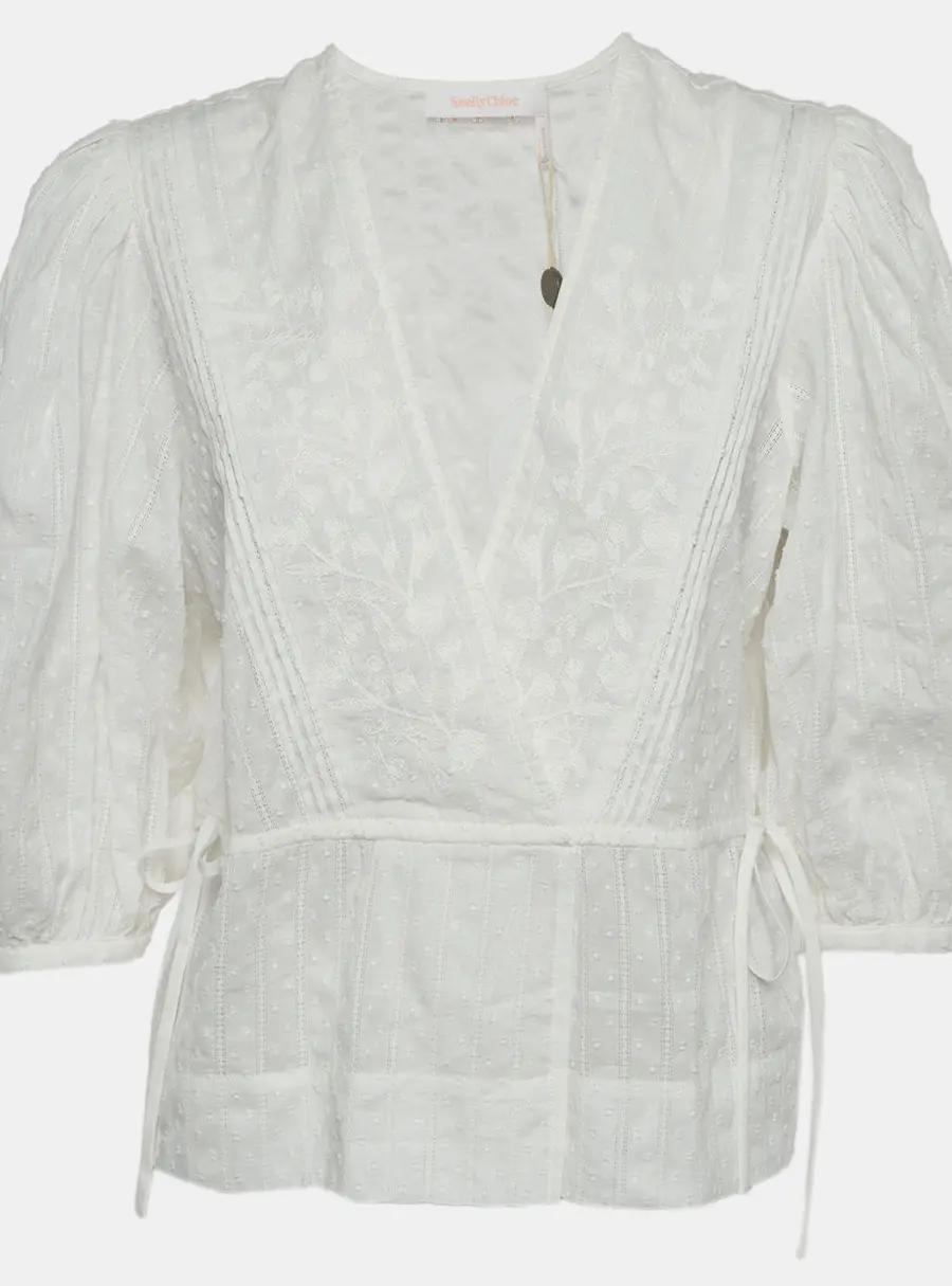 See by Chlo&eacute; White Swiss Dot Cotton Plunge Neck Top M