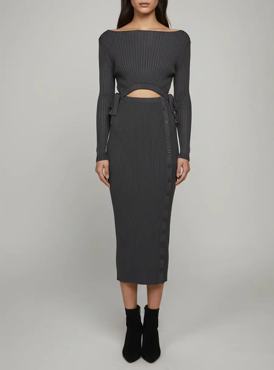 Self-Portrait Slate Rib Knit Cut-Out Bodycon Midi Dress S