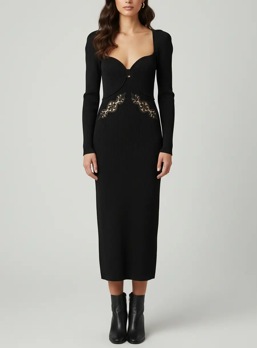Self-Portrait Black Lace Applique Rib Knit Maxi Dress XL