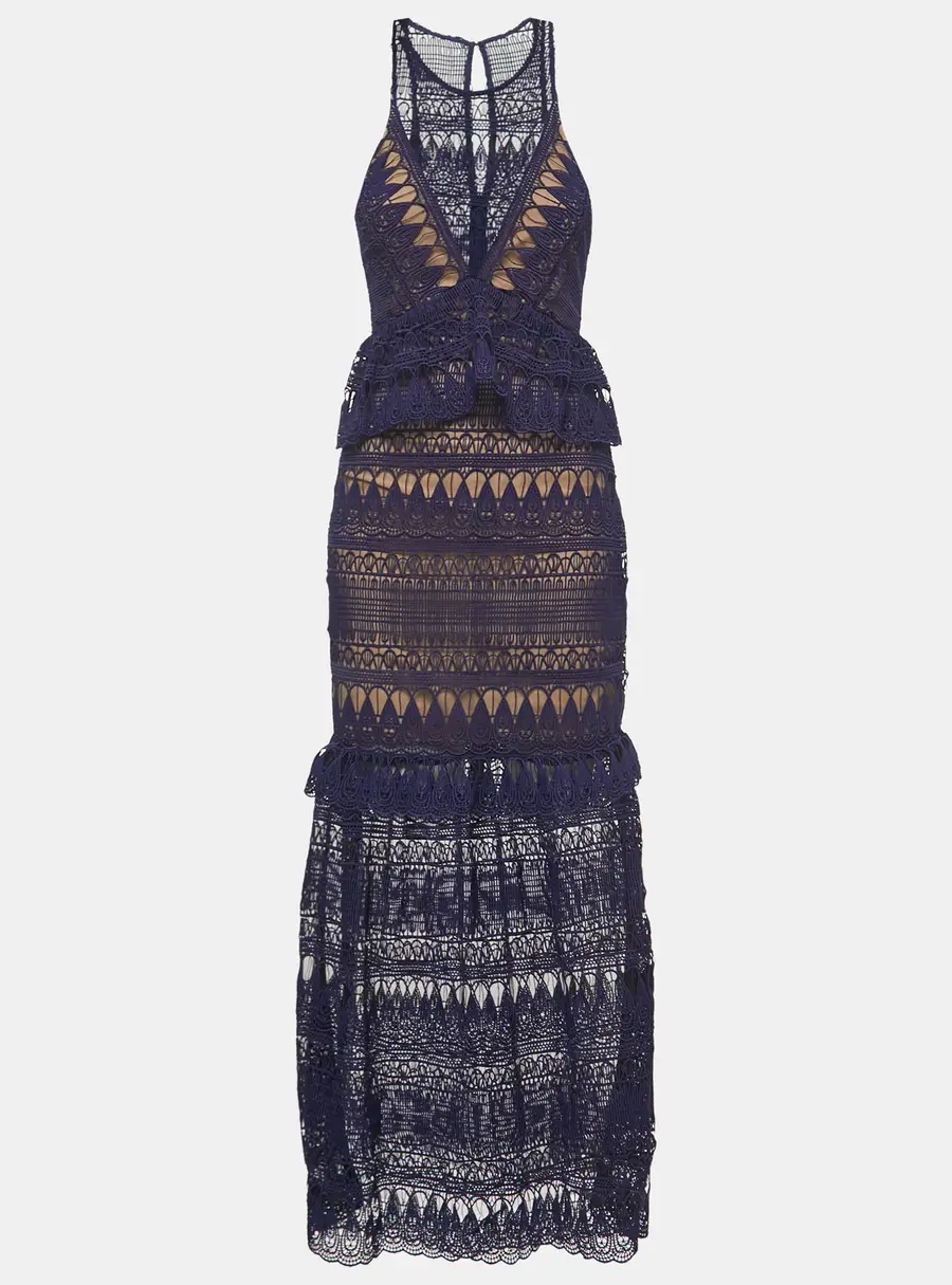 Self-Portrait Navy Blue Teardrop Guipure Lace Paneled Maxi Dress M