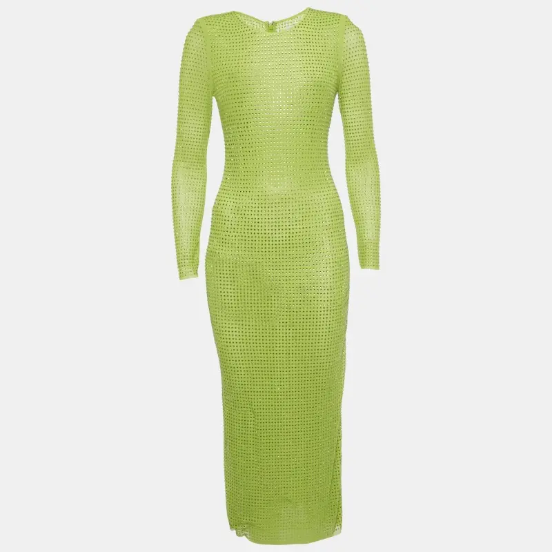 Self-Portrait Green Studded Mesh Long Sleeve Midi Dress S