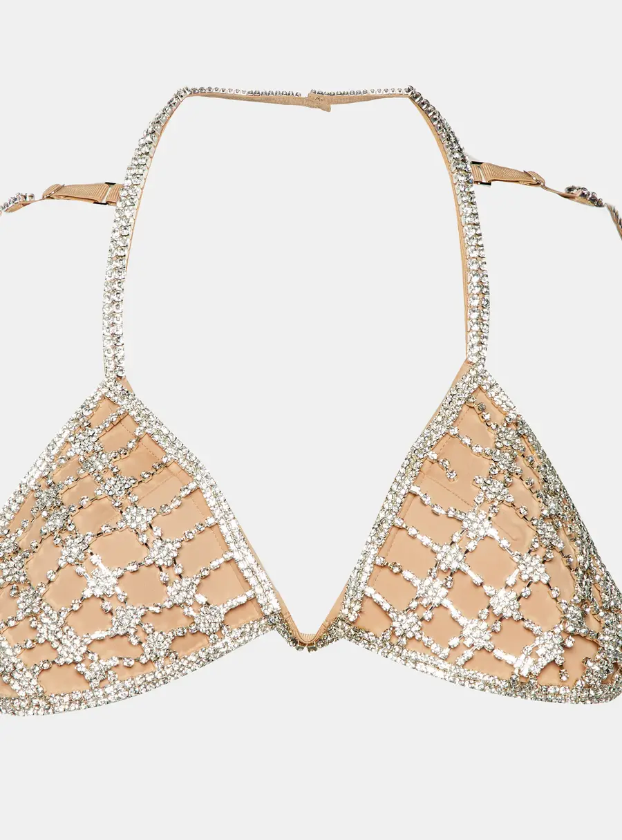 Self-Portrait Beige Silver Chainmail Bralette S